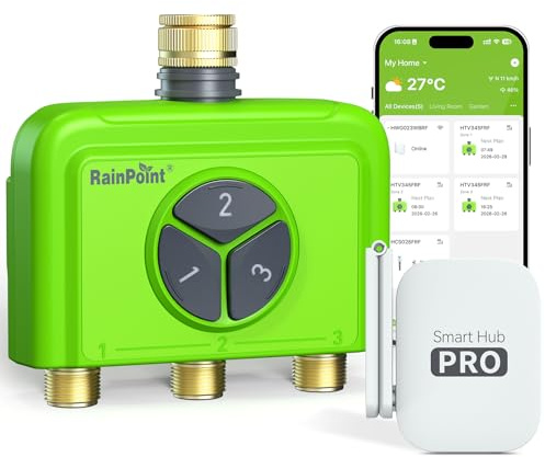 RAINPOINT Programador Riego WiFi 3 Zonas con Hub, Programador Riego Automático WiFi, Entrada de Latón, Control por App y Voz, Retraso de Lluvia Automático para Jardín y Césped