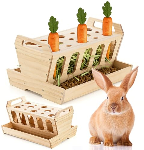 Große Heuraufe für Kaninchen & Meerschweinchen, Hasen Zubehör, Futterraufe mit Karottenhalter aus unbehandeltem Naturholz, 30x22x18 cm, Futternapf für Kaninchen, Meerschweinchen Zubehör