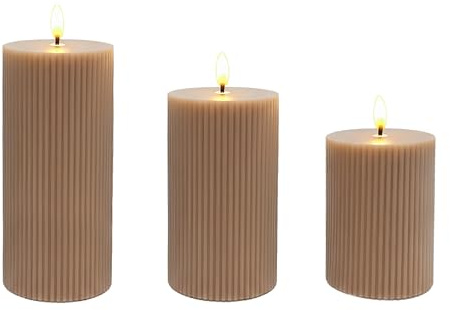 Relaxdays LED Kerzen, 3er Set, 3 Größen, flackernde Flamme, Echtwachs, Rillen, flammenlose Elektrokerzen, Mocha-Mousse