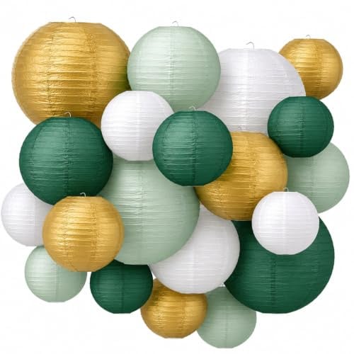 Forhandy 20 Stück Papier Lampions, Salbeigrün Lampions (Ø 15/20/25/30cm) | Wiederverwendbar Runde Hängende Papierlaterne Deko Gerippter Papier Lampions Grün für Hochzeit Geburtstag Gartenparty