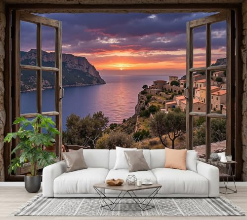 NAWVNMI Papier Peint 3D Soie Fenêtres De Style Méditerranéen Fausses Fenêtres, Baie FalaiseMurales Panoramique 200 x 140cm, Fond d'Écran, Revêtement Mural Décoration Salon Chambre Bleu Brun
