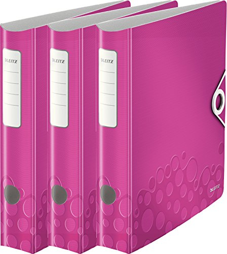 Leitz Aktenordner, A4, elastischer Verschluss, leichter Polyschaum, WOW Reihe, pink metallic, 3er Ordner | schmal