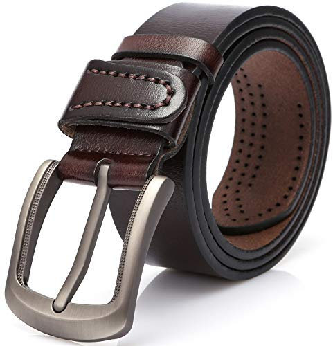 DOVAVA Mens Leather Belt Anti-scratched Buckle Soft Genuine Belts for Casual Jeans Dress (Dark Coffee 2001, 125CM (38'' - 42''))