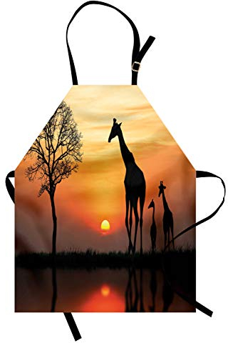 ABAKUHAUS Afrika Kochschürze, Giraffen Familien auf Büschen Silhouetten Wasser See Sonne Horizont Muster, Höhenverstellbar Klare Farben ohne verblassen, Schwarz Orange