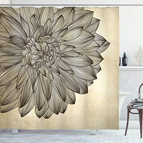 ABAKUHAUS Dahlie Duschvorhang, Vintage-Blüten-Grunge, Stoffliches Gewebe Badezimmerdekorationsset mit Haken, 175 x 240 cm, Braun und Beige