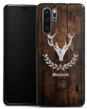 Silikon Hülle kompatibel mit Huawei P30 Pro Case schwarz Handyhülle Hirsch Holzoptik Holz