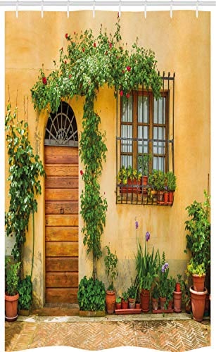 ABAKUHAUS Italien Schmaler Duschvorhang, Leben in der Stadt in der Toskana, Badezimmer Deko Set aus Stoff mit Haken, 120 x 180 cm, Aprikose Grün Braun