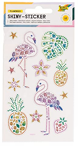 folia 18302 - Shiny Sticker, Flamingo, 12 Sticker, aus bunten Strasssteinen, in verschiedenen Motiven, einfach von der Folie abzuziehen, Bunt