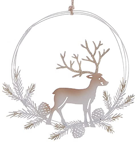 ETC dekorativer weihnachtlicher Fensterhänger Dekokranz Türkranz Rentier im Tannenkranz Metall weiß-beige mit Godglitzer, Creme, ca. 20 x 22,5 cm hoch
