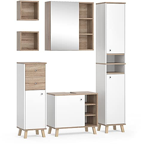 Vicco Badmöbel-Set Senyo, Badezimmerschrank-Set, Weiß/Sonoma, 5 Teile