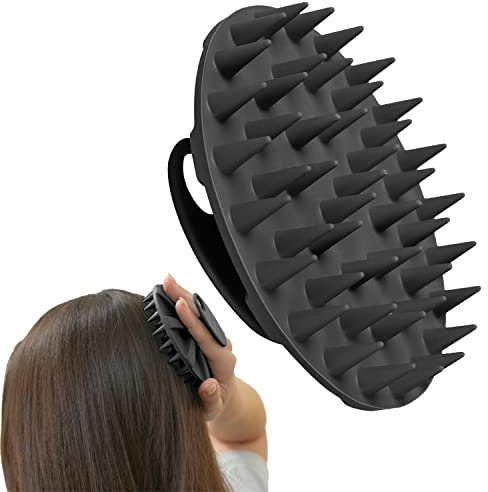 Cepillo masajeador para el cuero cabelludo, cepillo manual para champú húmedo y seco, cuidado del cuero cabelludo, lavado de cabeza, cerdas suaves de silicona, para todo tipo de cabello (negro)