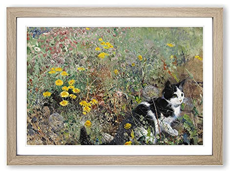 Big Box Art Cat On A Flowerbed by Bruno Liljefors Framed Wall Art Picture Print Ready to Hang, Oak A2 (62 x 45 cm)