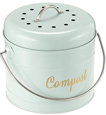 Navaris Cubo de Metal para Compost - Contenedor de Basura orgánica con Tapa y 6X Filtro - Compostera Vintage para Cocina 3,2 l - 21,5 x 18,8 x 19 cm