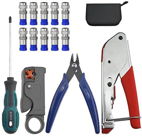BGTXINGI Koaxialkabel-Kompressions-Crimpzange RG59 RG6 Koaxial-Crimper-Werkzeug-Set, Kabel-Abisolierzange und Kabel-Crimper, Koaxial-Kabelschneider mit 10 Kompressionssteckern, 14 Stück
