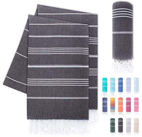 LAYNENBURG 2er-Set Premium Hamamtuch mit handgeknüpften Fransen - 100% Baumwolle - Strandtuch 95x180 cm - Oeko-TEX 100 - Strandhandtuch groß - Saunatuch & Reisehandtuch (Anthrazit)