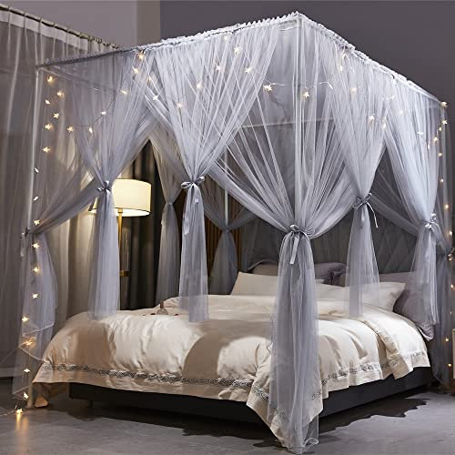 VETHIN Betthimmel-Vorhang mit 4 Ecken, doppellagig, gemütlich, Drapiernetz, 4 Öffnungen, Moskitonetz für Mädchen und Erwachsene, Schlafzimmer, Dekoration, Zubehör (doppelgrau, 198,1 cm B x 218,4 cm L