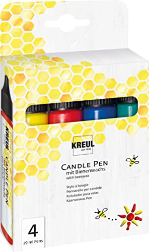 KREUL 49755 - Candle Pen 4er Set, Gelb, Rot, Blau Grün, je 29 ml, feine Malspitze, Farben mit Bienenwachs zum Verzieren & Bemalen von Kerzen