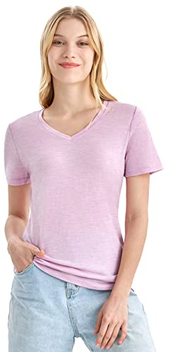 Merino Protect 100% Merino Shirt Damen Kurzarm V-Ausschnitt Geruchsabweisendes T-Shirt Merinowolle Unterwäsche Komfort Merino Wolle Tshirt Unterhemd (Rosa Heide,Groß)