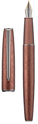Hongdian A3 Brown Aluminum Fountain Pen, Iridium Fine Nib Blossom Engraving Design, Consistent Writing Pen with Ink Converter and Metal Pen Box Set
