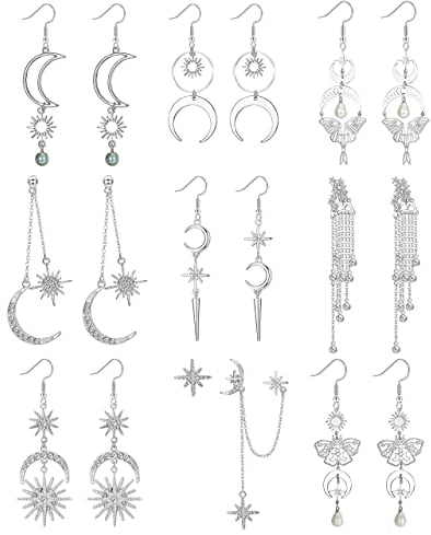 Morfetto 9 Paar Mondsterne Lange Baumeln Ohrringe für Frauen Sonne Schmetterling CZ Ohrringe Übertriebene Mondgoldohrringe Lange Kette Glänzende Quaste Boho Vintage Ohrringe Silber