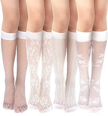 Geyoga 4 Pares Medias de Rejilla hasta Rodilla Calcetines de Pantorrilla de Encaje para Mujer (Estilo Básico, Talla Única)