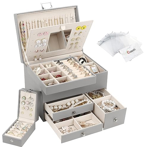 Casiwaft Jewellery Box Organiser, 3 Layers Large PU Jewelry Storage Case with Portable Case, Jewellery Box with Removable Tray and Mirror for Necklace Earring Ring Watch, Grey