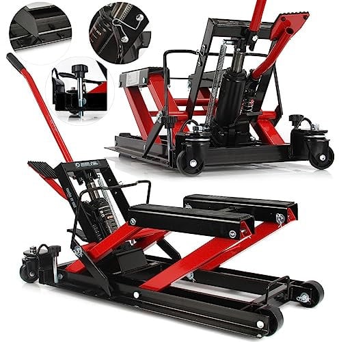 Marpol Sollevatore Idraulico | Fino a 680 kg | con Ruote | Sollevamento 12-38 cm | Dimensioni di Un Singolo Supporto 31 x 6 cm | Distanza tra i Supporti 17 cm | per Moto Quad Veicoli Fuoristrada