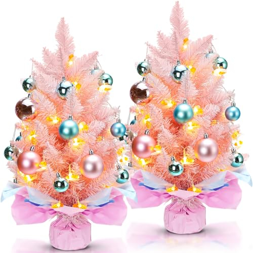 Liliful 2 Pcs 24 Inch Pink Tabletop Mini Christmas Tree Small Artificial Christmas Trees with Lights and Ornaments LED Artificial Christmas Pine Tree for Xmas Decorations Home Kitchen Dining Table