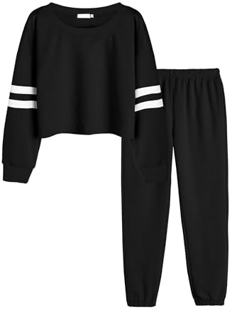 Arshiner Mädchen Jogginganzug Lang Kinder Trainingsanzug Sportanzug Zweiteilig Sweatshirt Set Tracksuit Anzug Herbst 134 140 Schwarz