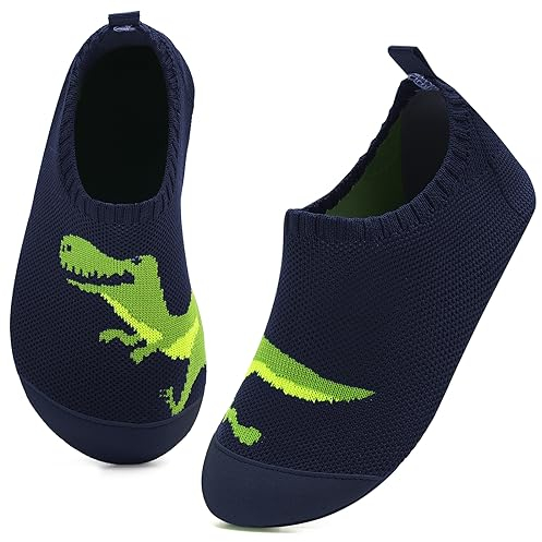 Kyopp Kinder Hausschuhe Junge Mädchen Pantoffeln Aquaschuhe Atmungsaktive rutschfest Barfussschuhe Slipper Kindergarten Unisex (Dinosaurier Marineblau 32/33 EU)
