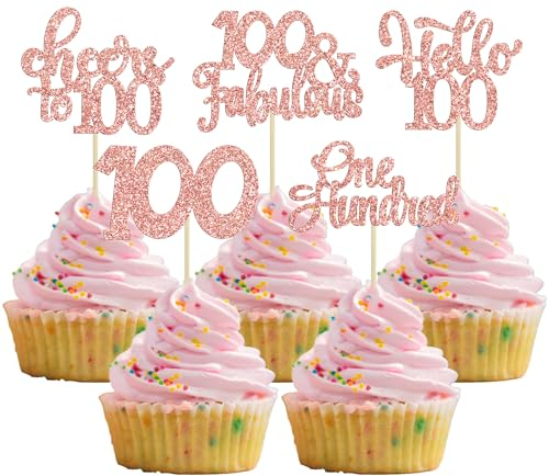 Gyufise 30Pcs Happy 100th Birthday Cupcake Toppers Rose Gold Glitter - One Hundred Cheers to 100 Years Old Party Cake Decorations
