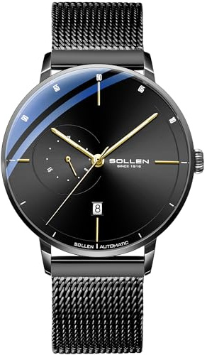 SOLLEN Automatikuhren für Herren, luxuriöse, minimalistische | Mechanisches Uhrwerk, wasserdicht bis 3 ATM, Leuchtzeiger, Kalender und 24-Stunden-Anzeige, selbstaufziehende Armbanduhr für