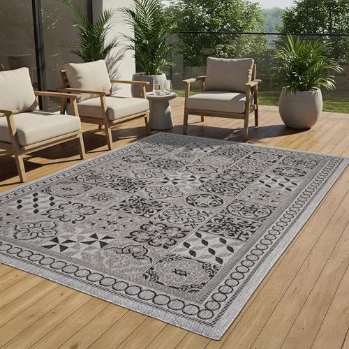 TAPISO Melissa Teppich Outdoor Grau Schwarz Mosaik Indoor Küche Flur Wohnzimmer Schlafzimmer Balkon Terrasse Kurzflor Flachgewebe ÖKO-TEX 120 x 170 cm