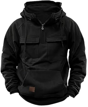 Zeiayuas Hoodie for Men UK Clearance Half Zip Hooded Sweatshirt Cargo Vintage Pullover Casual Solid Color Hoody Drawstring Jumper Workout Gym Sports Outdoor Sportwear with Kanga Pocket Black