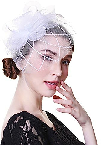 Jovono 20er Jahre Blume Spitze Stirnband weißer Schleier Fascinator Hut Braut Cocktail Tee Party Kopfschmuck für Frauen (Weiß)