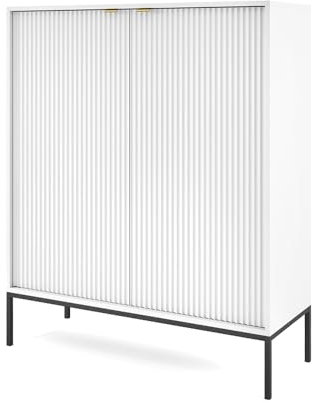 Vitrinenschrank Highboard in weiß, Fußgestell schwarz, Griffe goldfarben