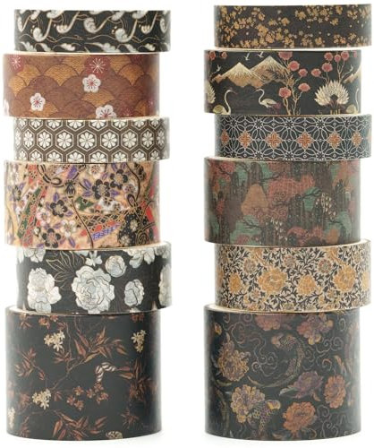 KAVI' S 12 Rollen Kyoto Charme Washi Tape Set Klebeband Papier Dekorativ Masking Tape Klebeband Bunt für Scrapbooking Handwerk Handwerk (Black Elegance)