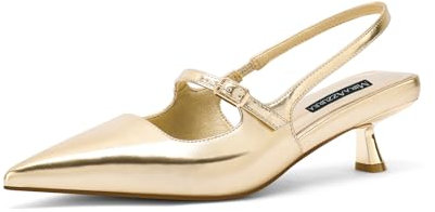 MIRAAZZURRA Donna Kitten Heel Slingbacks Pizzo Punta Decolleté Tacco basso Slip On Scarpe con Cinturino Fibbia per Incontri Feste Lavori, gold, 40 EU