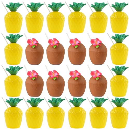 Lot de 24 gobelets réutilisables en plastique pour noix de coco et ananas avec pailles en papier (8 x noix de coco/16 x ananas) – Parfait pour les fêtes, les pique-niques, les barbecues ou tout