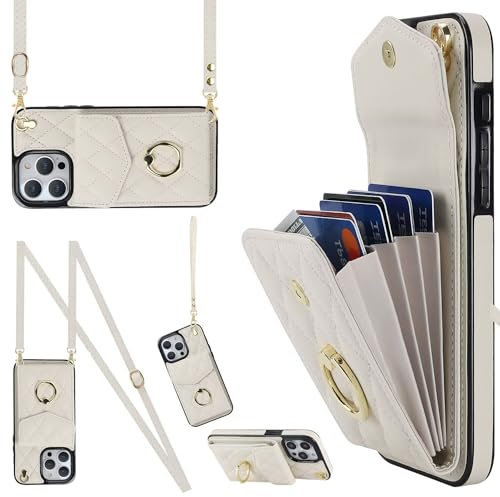 Beajew Handyhülle für iPhone XR Hülle mit Magnetisch Ring Ständer Kartenfach Leder Geldbörse Ständer,Handyhülle Wallet Cases für Frauen mit Band,für iPhone XR,Off White