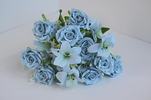 NAWEIDA Artificial Flowers Bouquets of Roses Realistic Fake Flower Arrangement for Home Decoration of Bridal Bouquet, Living Room Dining Table-2 Pack（Blue