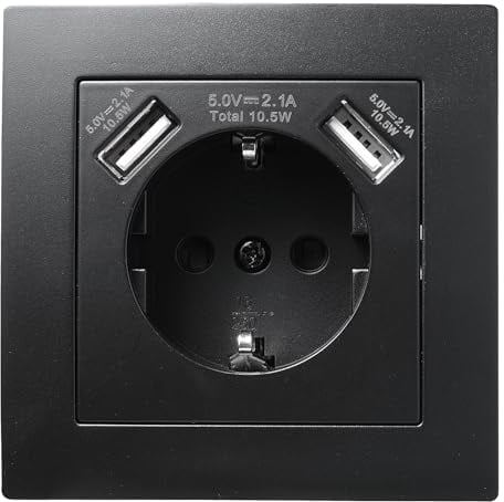 McPower Schutzkontakt Steckdose + 2x USB-A 5V / 2,1A| FLAIR | 250V~/16A, Unterputz Wandsteckdose inklusive Rahmen mit Einsteckschutz matt Schwarz