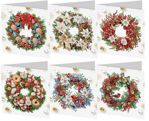 Starnearby 6 Stück DIY Diamond Painting Weihnachtskarte Mit Umschlag Diamant Painting Karten Grußkarten Handgefertigte Geschenkkarte Strass Handwerk Grußkarte (Weihnachtskränze)