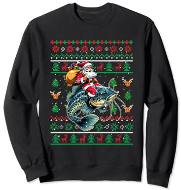 Santa Riding Wels Weihnachtspullover Angeln Fischer Sweatshirt
