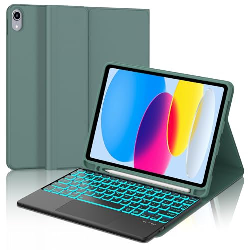 Keyboard Case with Touchpad for iPad A16 11th Generation 2025/10th Generation 2022, Wireless Bluetooth Backlit Trackpad Keyboard with Slim Cover for iPad 10th/11th Generation 10.9/11 inch, Dark Green