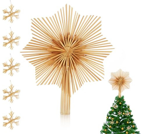 Truevaste 6 Stück Strohsterne Schneeflocke Set, ChristbaumspitzeStern aus Stroh, Reines Natürliches Strohmaterial, 1 Stück Achteckige Strohbaumspitze Stern und 5 Stück Schneeflocke
