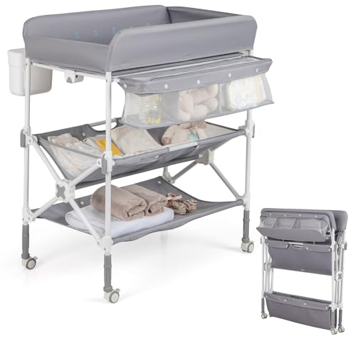 GYMAX Folding Baby Changing Table, Height Adjustable Newborn Nursery Care Station with Storage Basket, Shelves, Trash Bin & Lockable Wheels, Portable Infant Bath Massage Diaper Organizer (Gray)