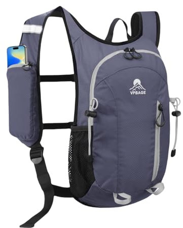 VPBAGE Kleiner Wanderrucksack mit Handyhalter vorne, verstaubarer Rucksack mit Brust- und Hüftgurt, Hellgrau, Small, Tagesrucksäcke
