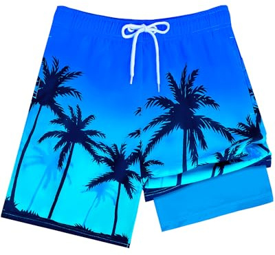 Resiprolty 8-16 Jahre Badeshorts Jungen 2 in 1 Kleine Badeshorts Schnelltrocknend mit KompressionsInnenhose und Verstellbarem Tunnelzug für 134-176