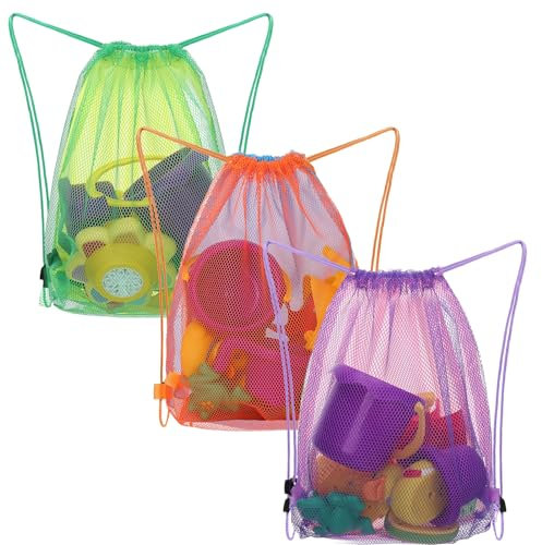 Vodolo 3pcs Beach Toy Bag,Mesh Travel Sand Toys Backpack for Sandbox Buckets,Beach Vacation Essentials for Kids,Shell Collecting Bag Shelling Tools,Must Haves Sand Box Toys Seashell Bags